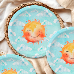 Prato De Papel Chuva de Bebê Retro Azul Céu Boho Feliz Sol