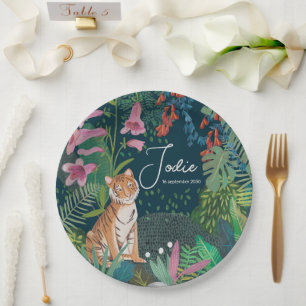 Prato De Papel Chuva de Bebê Tigre Fofo na Selva   