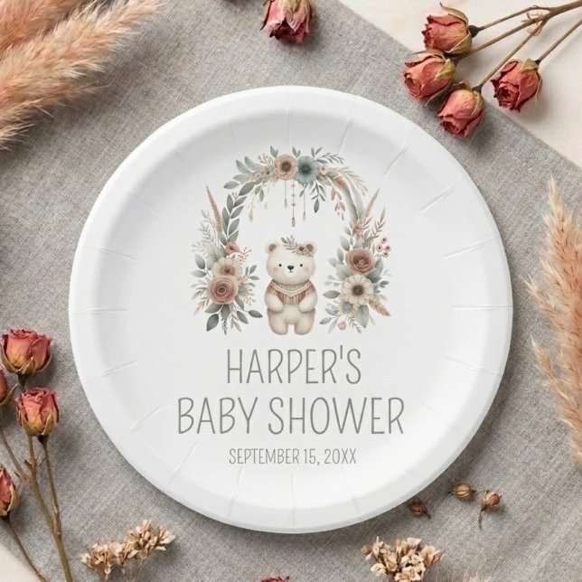 Prato De Papel Chuva de Bebê Urso Floresta Boho Aquarela (Criador carregado)