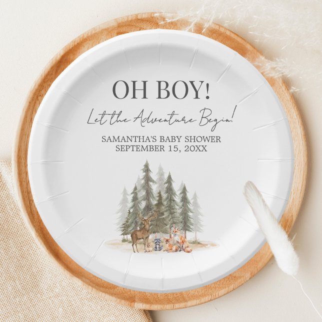 Prato De Papel Chuva de Bênçãos para o Bebê Aventureiro (Let the Adventure Begin Woodland Animals Baby Shower Paper Plate)