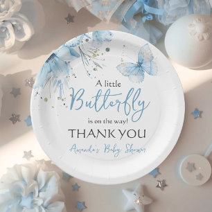 Prato De Papel Chuva de Borboletas Floral Azul Chá de Bebê Menino