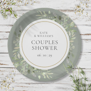Prato De Papel Chuva de Casais Elegante Dourado Aquarela Verde