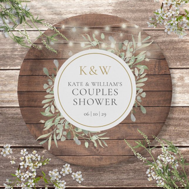 Prato De Papel Chuva de Casal Monograma de Madeira Rústica com Fo (Rustic Wood Monogram Greenery Couples Shower Paper Plate)