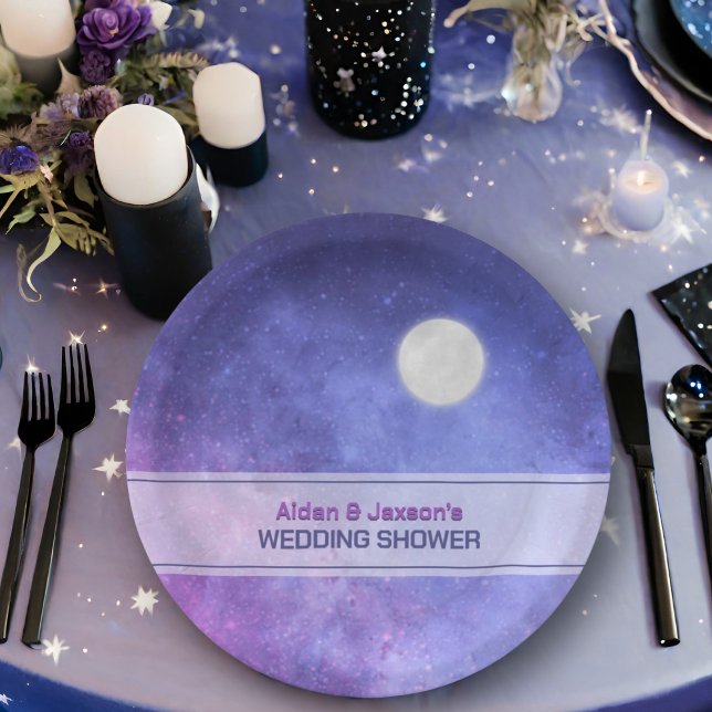 Prato De Papel Chuva de Casamento Noturna Celestial com Lua Cheia (Criador carregado)