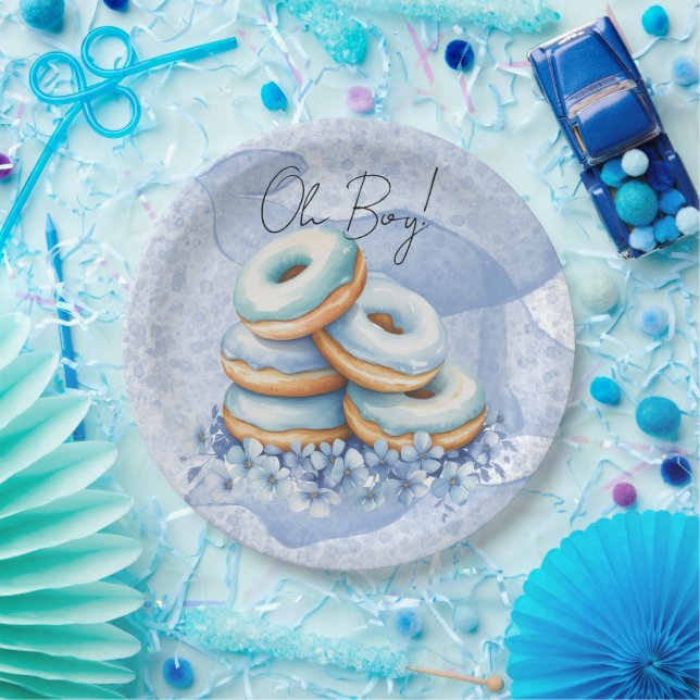 Prato De Papel Chuva de Donuts Azuis Oh Boy para Chás de Bebê (Festa)