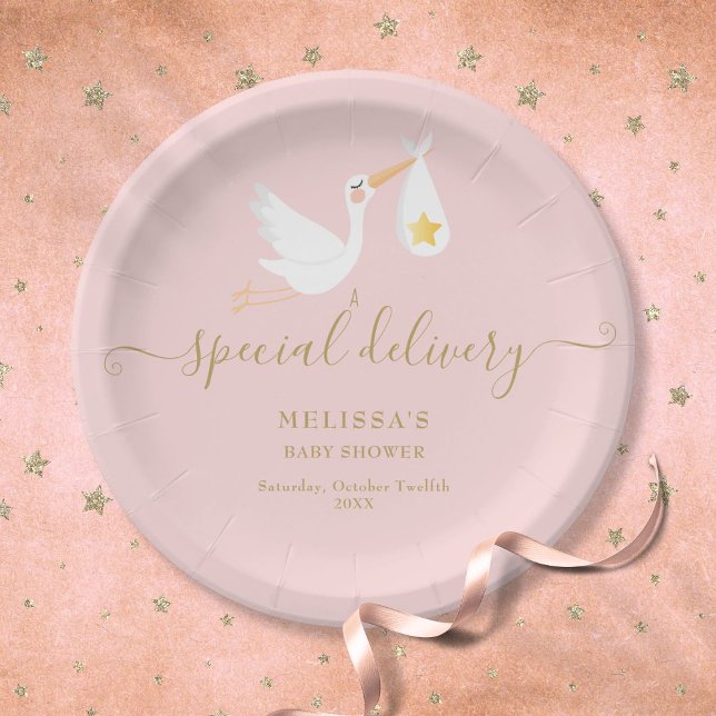Prato De Papel Chuva de Estrelas para Chá de Bebê Menina Especial (Pink Baby Girl Shower Special Delivery Stork Star Paper Plates)
