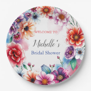 Prato De Papel Chuva de Flores de Aquarela Bridal Shower Fofo