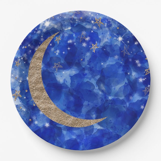 Prato De Papel Chuva de Lua Estrelas Bronze Dourado Azul (Frente)