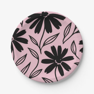 Prato De Papel Chuva de Noiva Boho Rosa Margaridas Tinta Preta