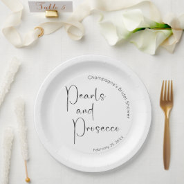 Prato De Papel Chuva de Noiva com Letra Moderna Pérolas e Prosecc