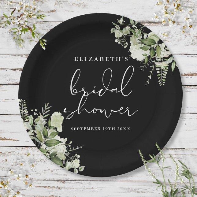 Prato De Papel Chuva de Noiva Elegante Preto e Branco com Folhage (Greenery Elegant Black And White Bridal Shower Paper Plates)