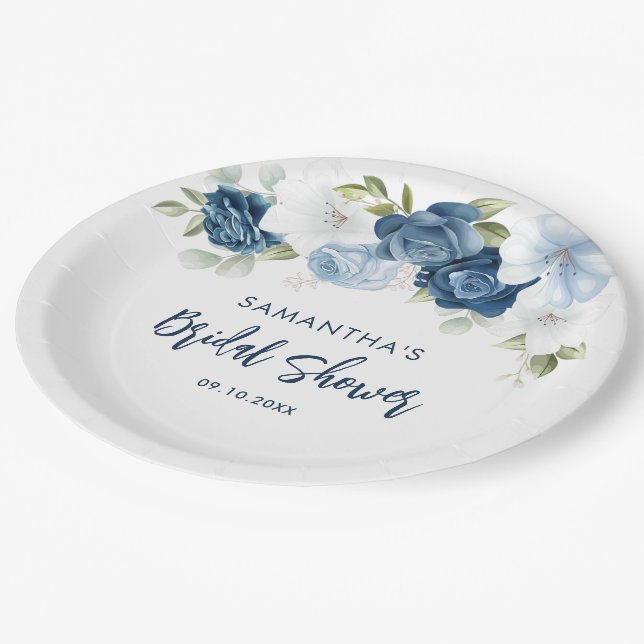 Prato De Papel Chuva de Noiva em Azul Floral Script (Inclinado)