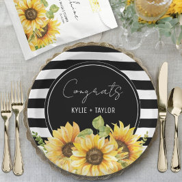 Prato De Papel Chuva de Noiva Girassóis e Listras Pretas e Branca