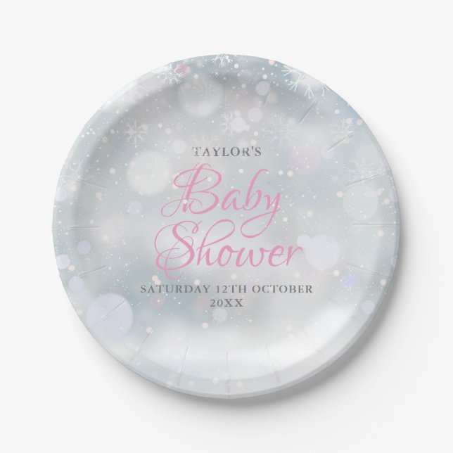 Prato De Papel Chuva de Primeiros Flocos de Neve baby shower (Frente)