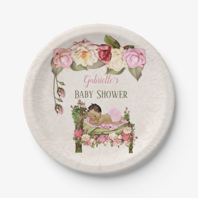 Prato De Papel Chuva de Rosas Bebê Menina Rosa Marfim (Frente)