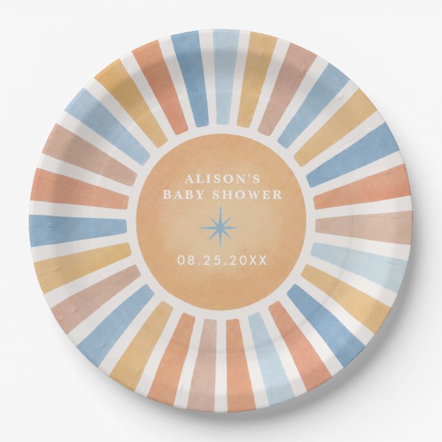 Prato De Papel Chuva de Sol Retro Boho Chá de Bebê Menino (Frente)