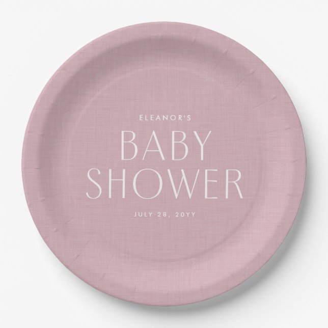 Prato De Papel Chuveiro de bebê efeito de linho rosa simples e fo (Frente)