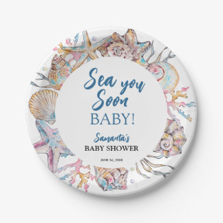Prato De Papel Chuveiro de Bebê Marisco Mar Vê Você Em Breve