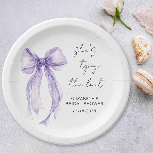 Prato De Papel Chuveiro de Noiva Aquarela com Laço Roxo Chic (Chic Purple Bow Watercolor Bridal Shower Paper Plates)