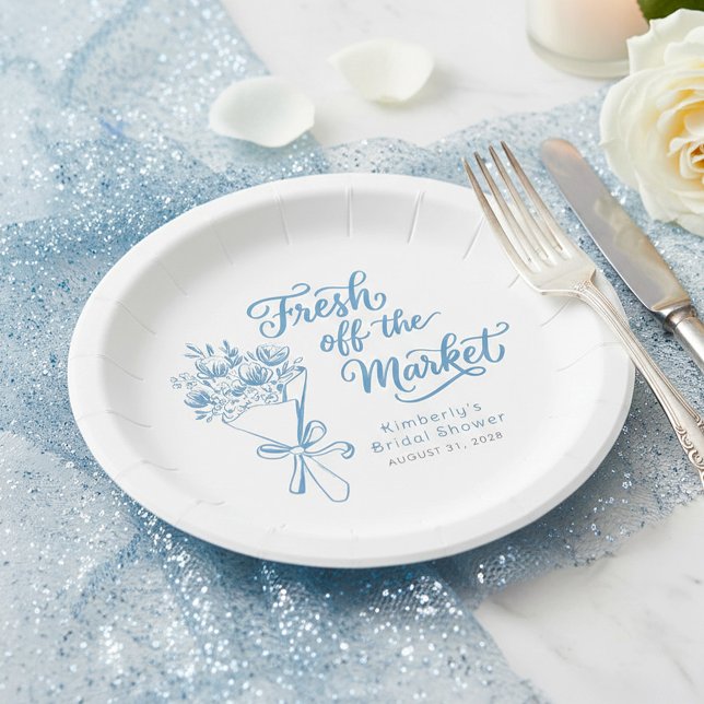 Prato De Papel Chuveiro de Noiva Azul Poeira Fresco do Mercado (Fresh off the Market Bridal Shower Dusty Blue Paper Plates)