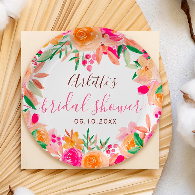 Prato De Papel Chuveiro de noiva bem-vindo em aquarela floral ous (Bold fall floral watercolor bridal shower welcome paper plates)