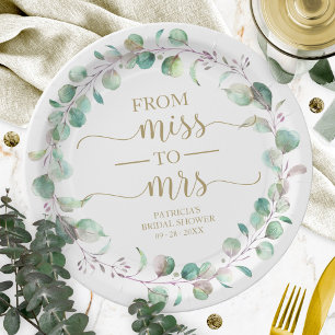 Prato De Papel Chuveiro de Noiva de Miss a Mrs Greenery Eucalyptu