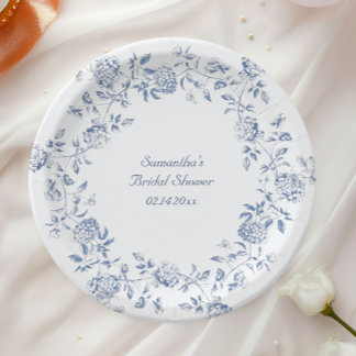 Prato De Papel Chuveiro de Noiva em Chinoiserie Azul Floral