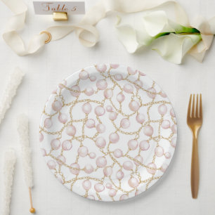 Prato De Papel Chuveiro de Noiva Pérolas Glam Rosa Dourado