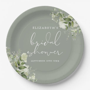 Prato De Papel Chuveiro Nupcial Floral Verde Oliva Elegante