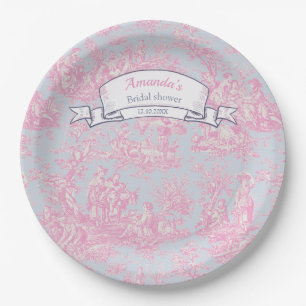 Prato De Papel Chuveiro vintage floral azul rosa toile de jouy
