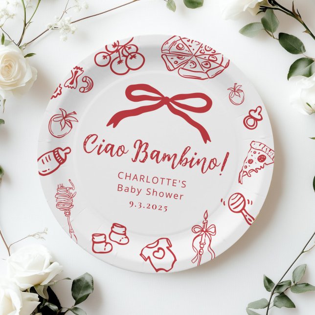 Prato De Papel Ciao Bambino Pizza Whimsical Bow Baby Shower (Criador carregado)