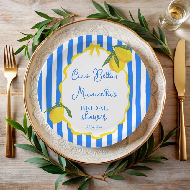 Prato De Papel Ciao bella listras azuis limões chá de panela (Ciao bella blue stripes lemons wavy border dolce vita Italian bridal shower monogrammed paper plates)