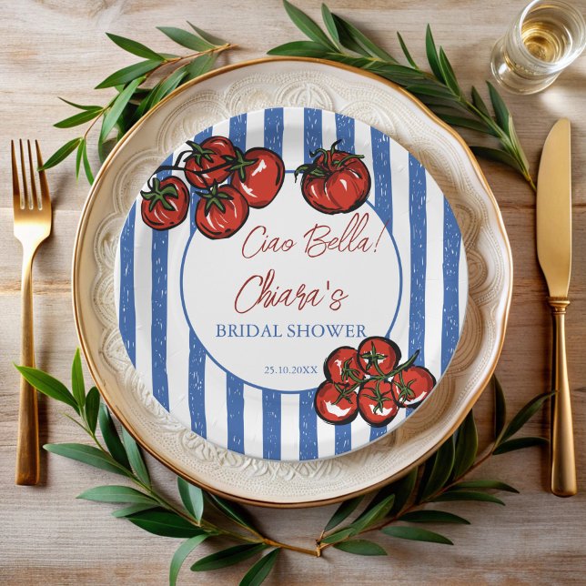 Prato De Papel Ciao bella tomato stripes Italian bridal shower (Ciao bella tomato blue stripes Italian pasta farmers market  bridal shower personalized Paper Plates)