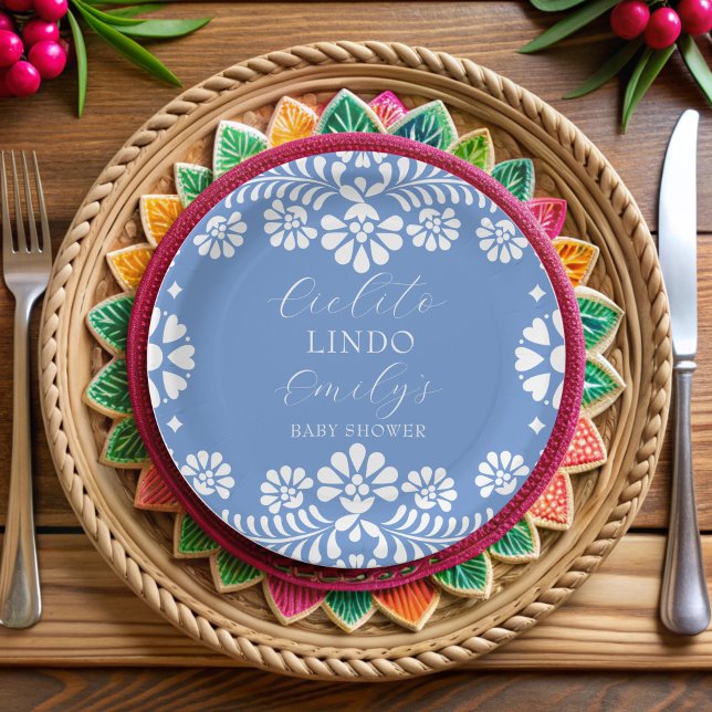 Prato De Papel Cielito lindo azul empoeirado chá de fraldas mexic (Cielito lindo dusty blue Mexican baby shower monogrammed Paper Plates personalized table decor)
