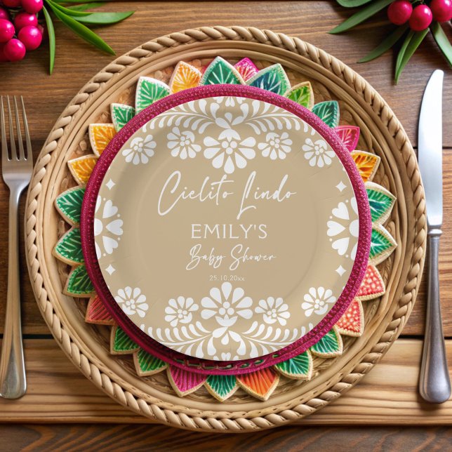 Prato De Papel Cielito lindo beige chá de fraldas de fiesta mexic (Cielito lindo beige Mexican fiesta papel picado baby shower personalized Paper Plates custom decor)