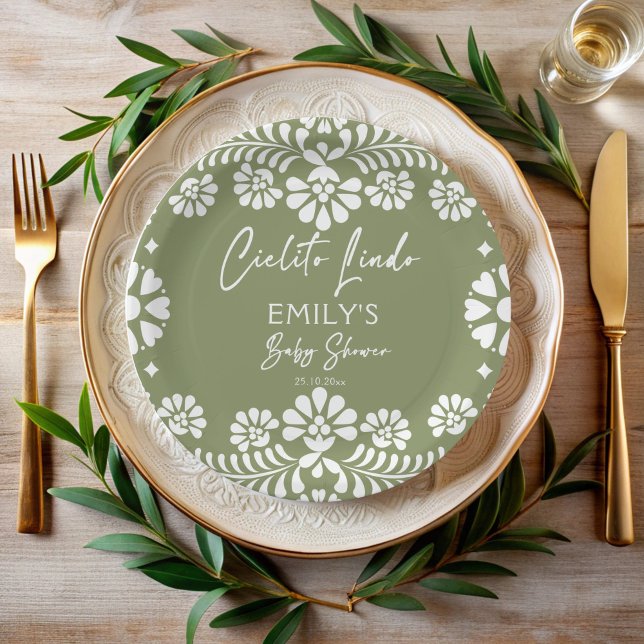 Prato De Papel Cielito lindo sábio verde chá de fraldas mexicano (Cielito lindo sage green Mexican baby shower monogrammed Paper Plates personalized party decor)