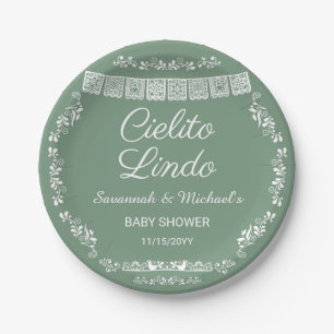 Prato De Papel Cielito Lindo Verde Sage Papel Picado Chá de Bebê