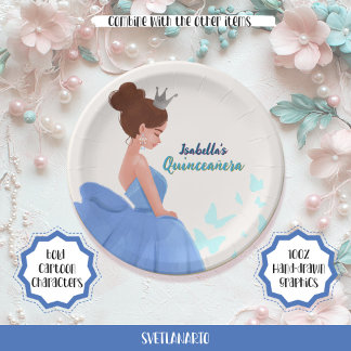 Prato De Papel Cinceañera Blue Elegante Princesa Placa de Papel