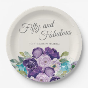 Prato De Papel Cinquenta Fantástico Aniversário Roxo Azul Floral