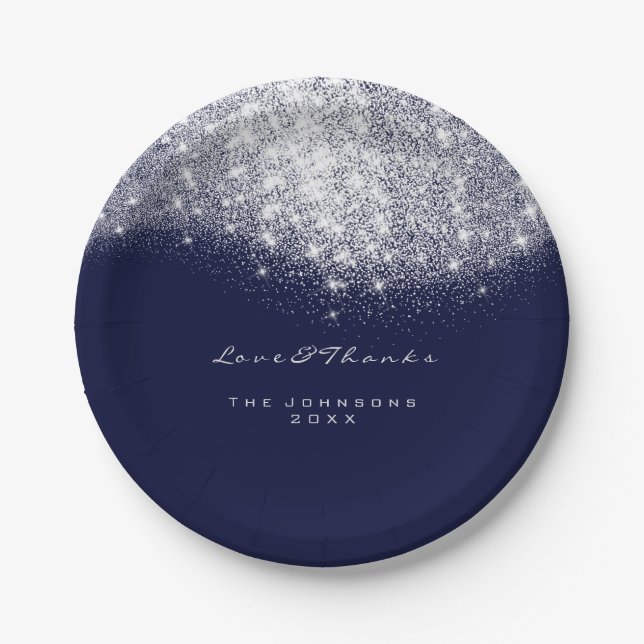 Prato De Papel Cinza branca reluzente Aniversário Marinho Azul 16 (Frente)