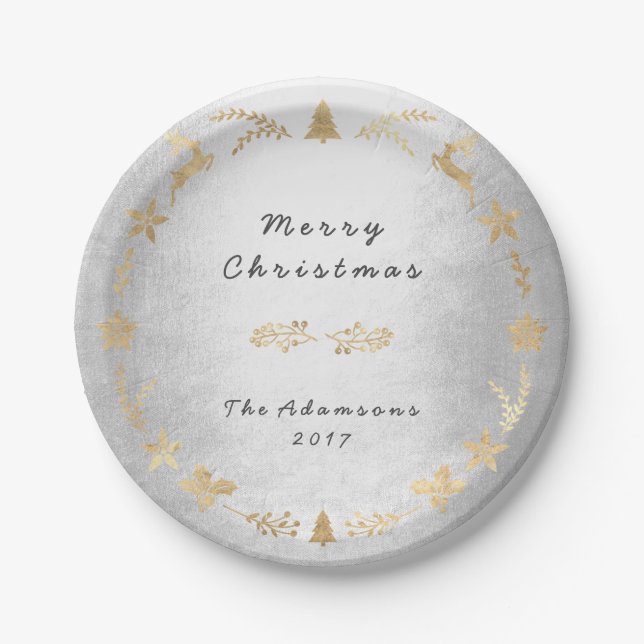 Prato De Papel Cinza de Prata de Algodão Dourado Natal (Frente)