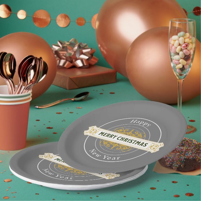 Prato de Papel Cinza Feliz Natal, Feliz Ano Novo (Múltiplo)