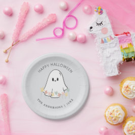 Prato De Papel Cinza Floral de Halloween Cute Ghost