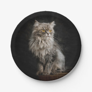 Prato De Papel Cinza Fluffy Cat