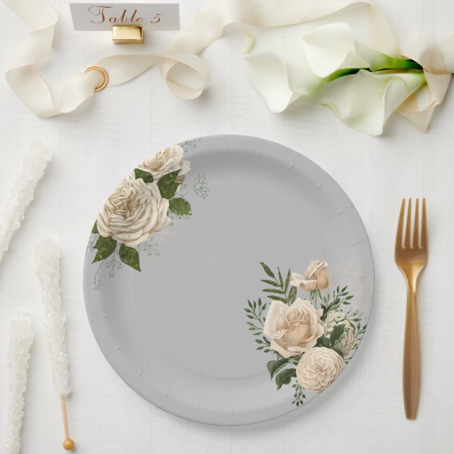 Prato De Papel Cinza Romântica Ivory Floral Wedding (Casamento)