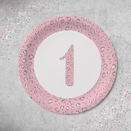 Prato De Papel Cinza Rosa Primeiro Aniversário 2 Padrão-Leopardo