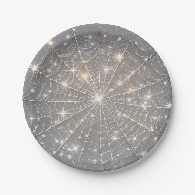 Prato De Papel Cinza Sparkle Spiderweb Falloween (Frente)