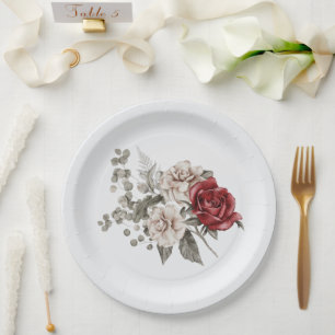 Prato De Papel Cinza Vermelha e Buquê da Flor Cream Boho