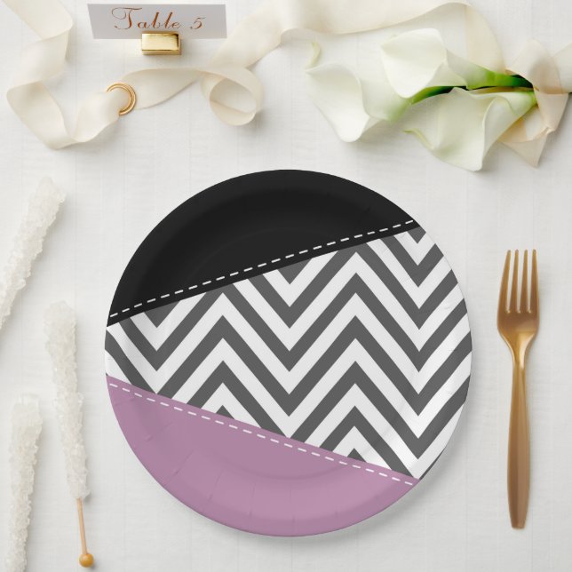 Prato De Papel Cinza Zigzag, Cinza Chevron, Zigzag Patterno, Roxo (Casamento)