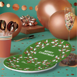 Prato De Papel Cinzas brancas e coroa vermelha de Natal em preto